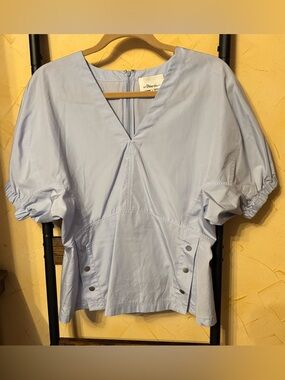 3.1 Phillip Lim Size 4 Light Blue V‑Neck Puff‑Sleeve Blouse